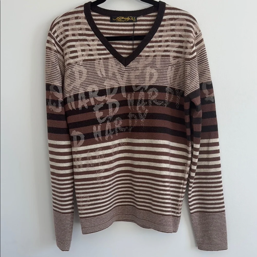 Ed Hardy Christian Audigier V-Neck Sweater Brown Beige Striped Wool Blend NWT